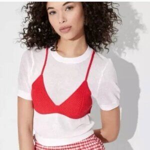 Wild Fable White Short-Sleeve Knit Top with Red Bralette Overlay